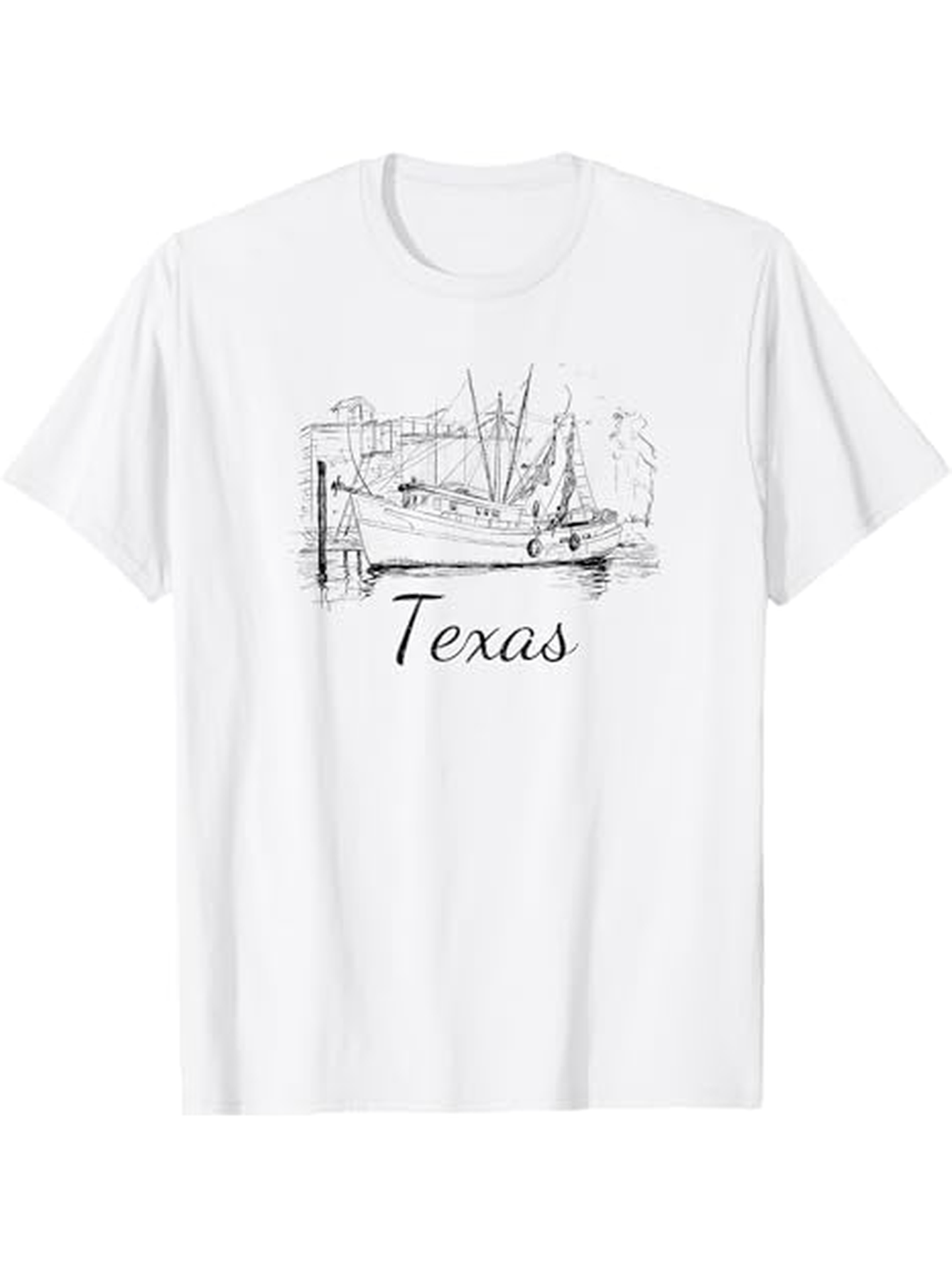 Men's Graphic T-Shirt Texas Vintage Harbor Sketch With Classic Fishing Boats And Calm Waterfront Scene