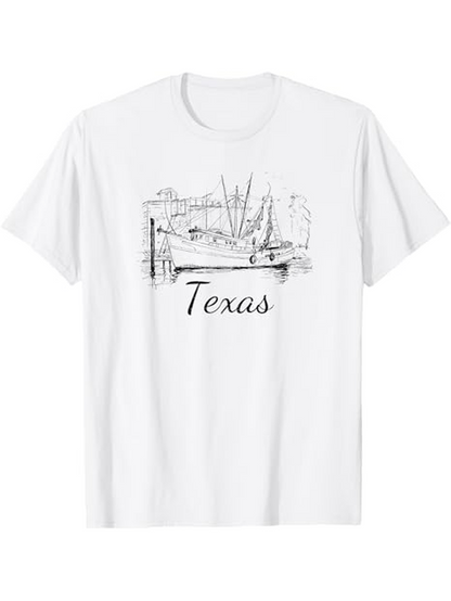 Men's Graphic T-Shirt Texas Vintage Harbor Sketch With Classic Fishing Boats And Calm Waterfront Scene