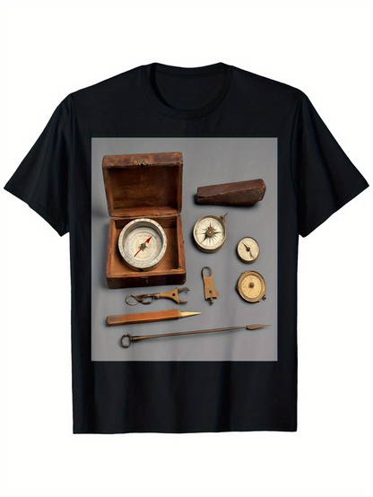 Men's Graphic T-Shirt Vintage Nautical Exploration With Compasses Wooden Box And Old Tools