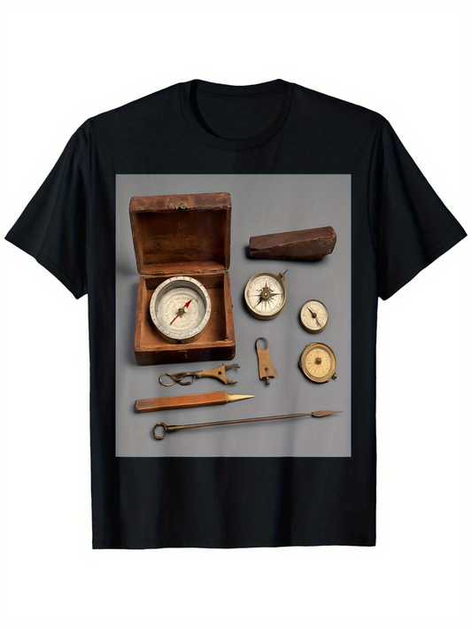 Men's Graphic T-Shirt Vintage Nautical Exploration With Compasses Wooden Box And Old Tools