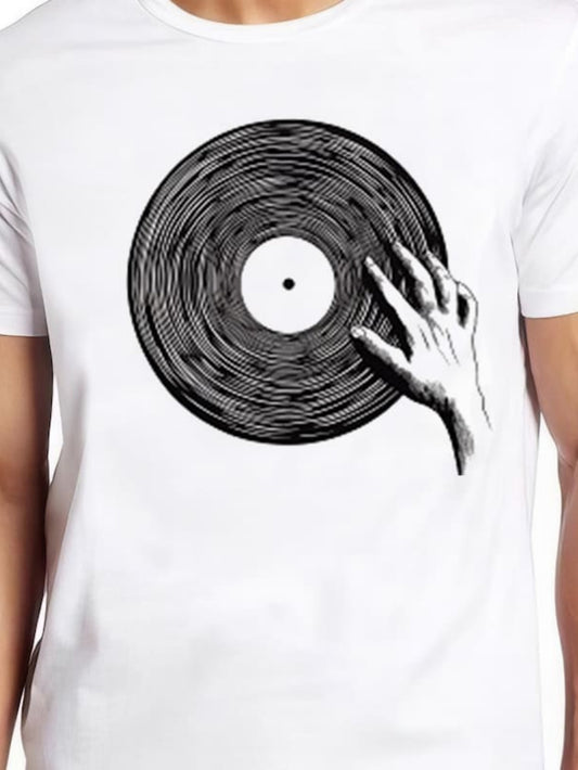 Men's Graphic T-Shirt Vintage Hand Engraved Style Gripping A Spinning Record Disc
