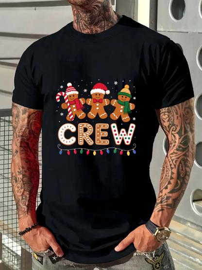 Men's Graphic T-Shirt Festive Holiday Gingerbread Cookies Dancing Under Twinkling String Lights Crew