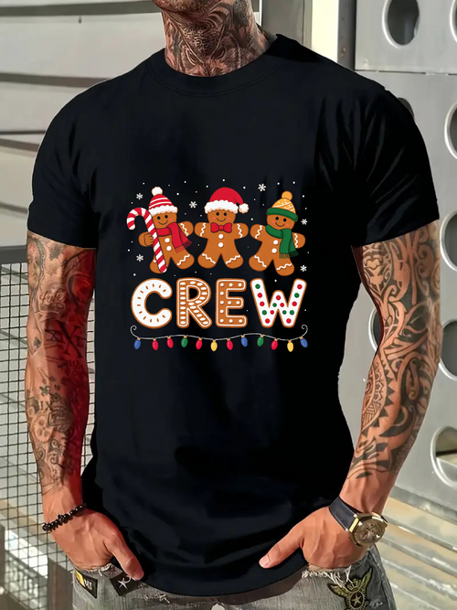 Men's Graphic T-Shirt Festive Holiday Gingerbread Cookies Dancing Under Twinkling String Lights Crew