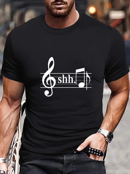 Men's Graphic T-Shirt Shhh Musical Staff And Rest Symbol On Black Tee