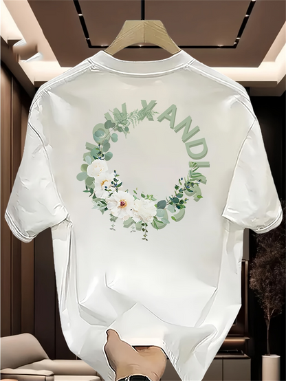 Men's Graphic T-Shirt Fresh Green Botanical Wreath Surrounding Soft White Blossoms