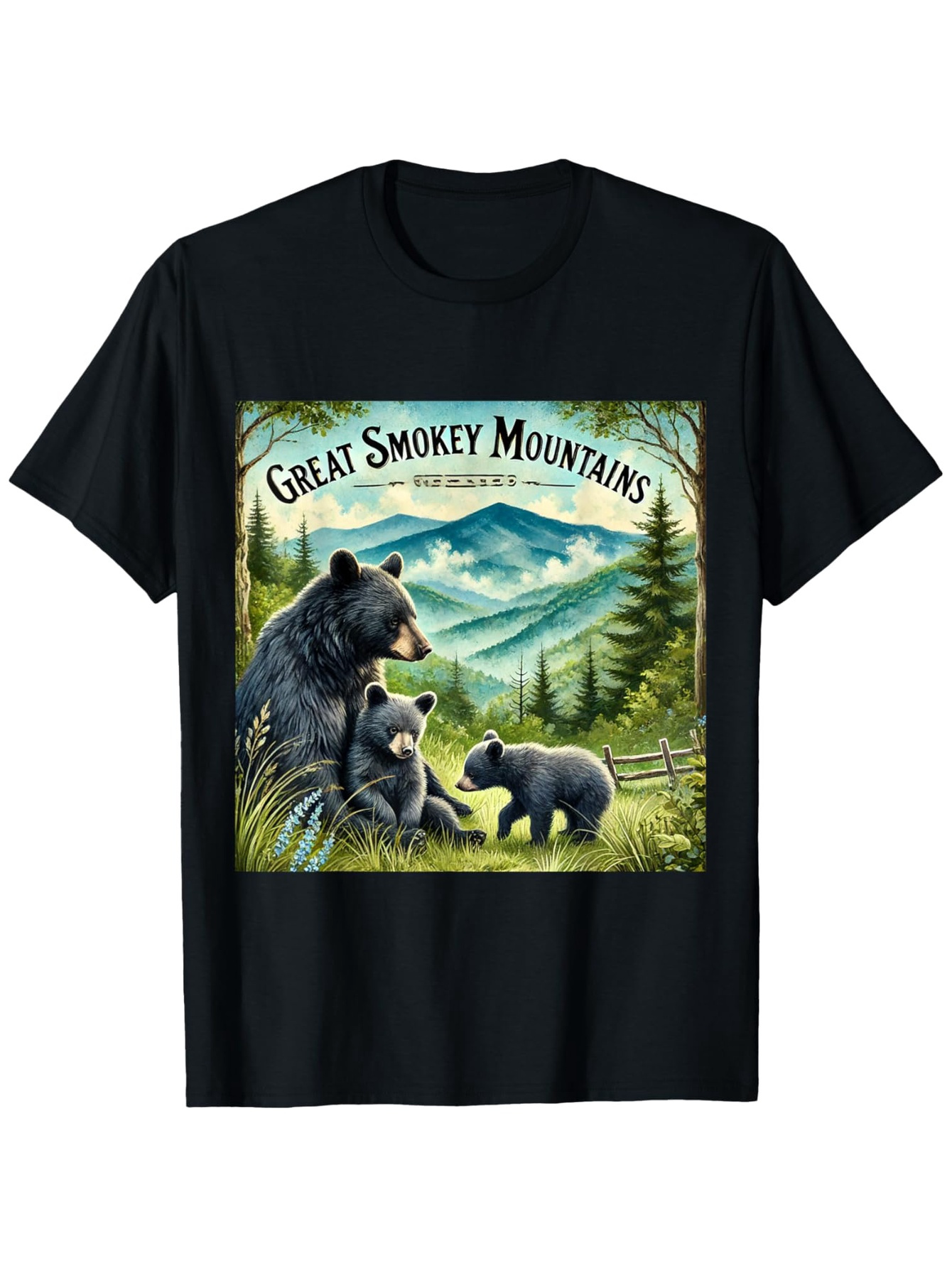 Men's Graphic T-Shirt Great Smokey Mountains Mother Bear With Cubs Among Forest Pines And Distant Blue Mountains