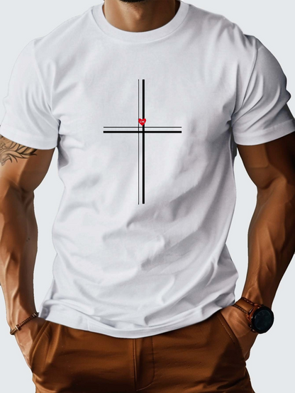 Men's Graphic T-Shirt Minimal Black Cross With Small Red Bird Perched At The Center