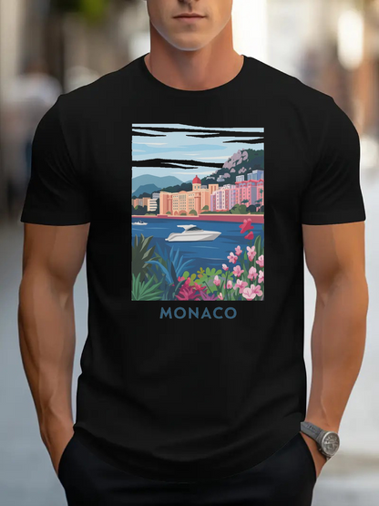 Men's Graphic T-Shirt Monaco Coastal Cityscape With Yachts And Blooming Pink Flowers