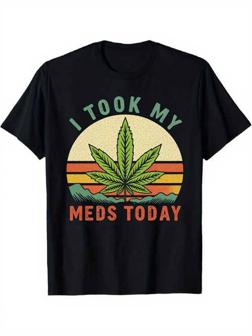 Men's Graphic T-Shirt I Took My Meds Today Retro Sunset Graphic With Marijuana Leaf