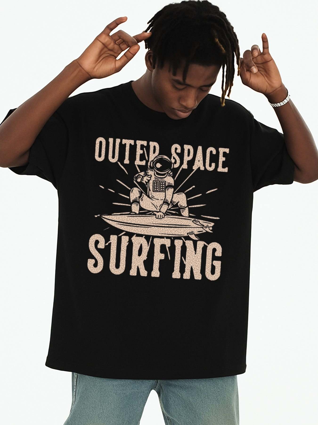 Men's Graphic T-Shirt Outer Space Surfing With Astronaut Riding Waves And Cosmic Sunburst Surfboard