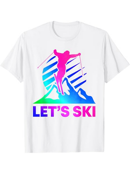 Men's Graphic T-Shirt Lets Ski Vibrant Neon Mountain With Ski Jumper Under Striped Sunset