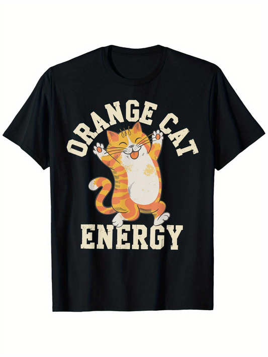 Men's Graphic T-Shirt Orange Cat Energy With Cheerful Cartoon Style Smiling Happy Cat