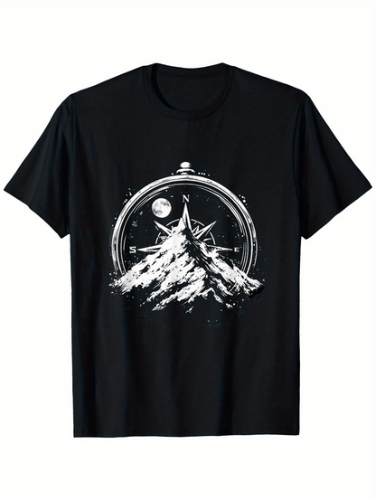 Men's Graphic T-Shirt Snowy Mountain Peaks Under The Full Moon With Compass Design