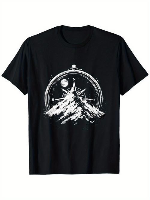 Men's Graphic T-Shirt Snowy Mountain Peaks Under The Full Moon With Compass Design