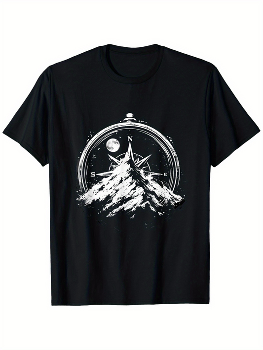 Men's Graphic T-Shirt Snowy Mountain Peaks Under The Full Moon With Compass Design