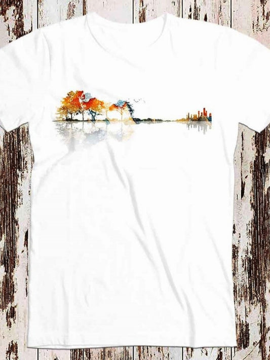 Men's Graphic T-Shirt Sunlit Autumn Trees Reflected On Calm Water With Distant Houses