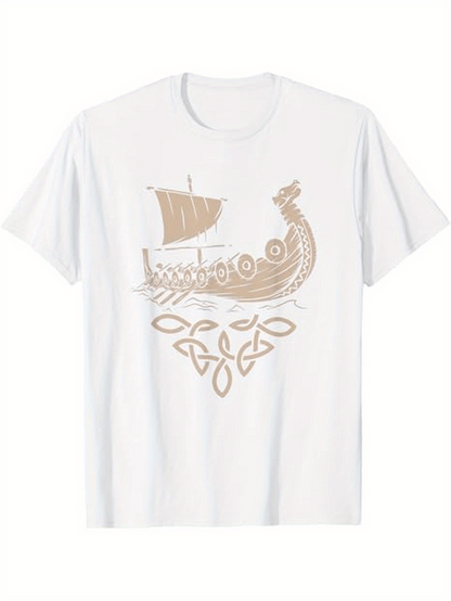 Men's Graphic T-Shirt Nordic Wooden Ship With Legendary Patterned Sail On Calm Water