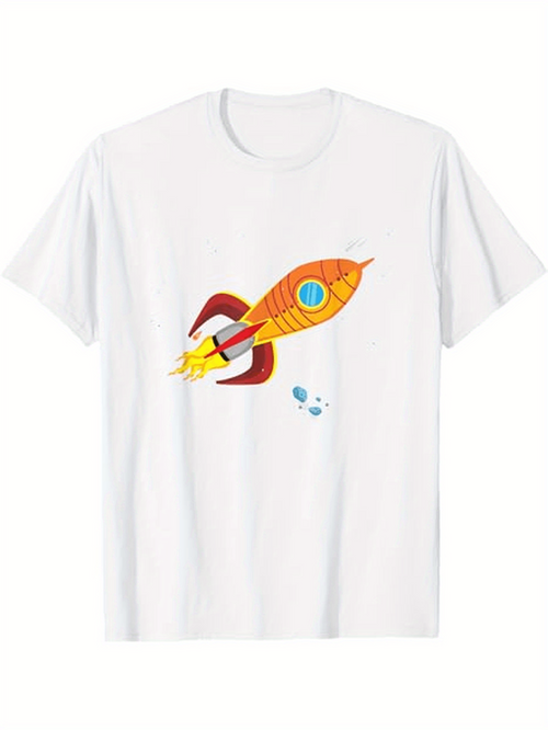 Men's Graphic T-Shirt Retro Futuristic Orange Rocket Blasting With Blue Flames Under Starry Sky Rocket