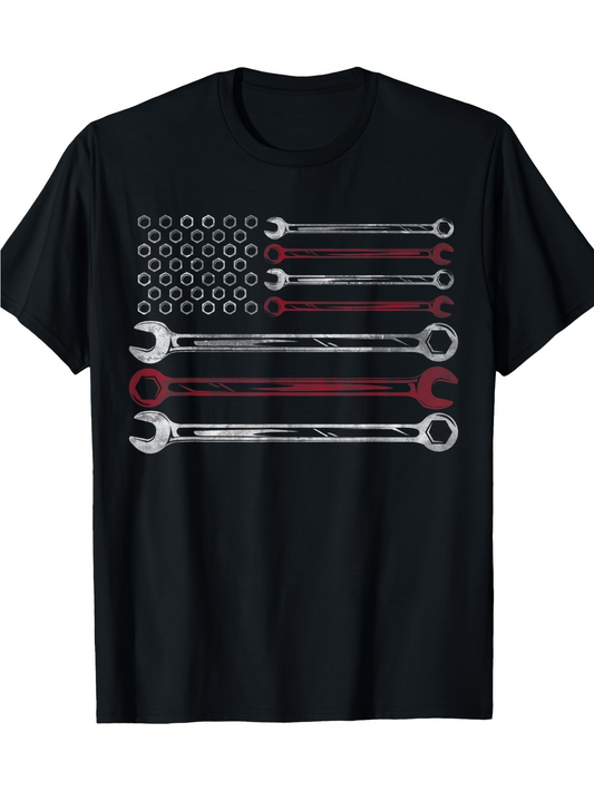 Men's Graphic T-Shirt Metallic Spanners Arranged Like Stripes With Circular Nuts Flag