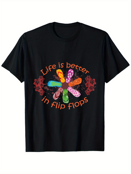 Men's Graphic T-Shirt Life Is Better Surrounded By Colorful Patterns With Flip Flops