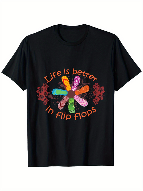 Men's Graphic T-Shirt Life Is Better Surrounded By Colorful Patterns With Flip Flops