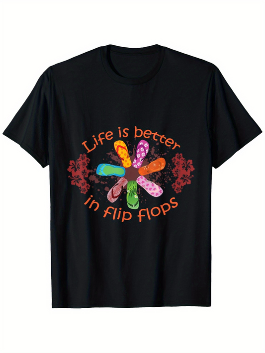 Men's Graphic T-Shirt Life Is Better Surrounded By Colorful Patterns With Flip Flops