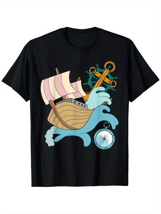 Men's Graphic T-Shirt Playful Blue Sea Turtle With Ship Anchor And Sailing Among Ocean Compass Turtle
