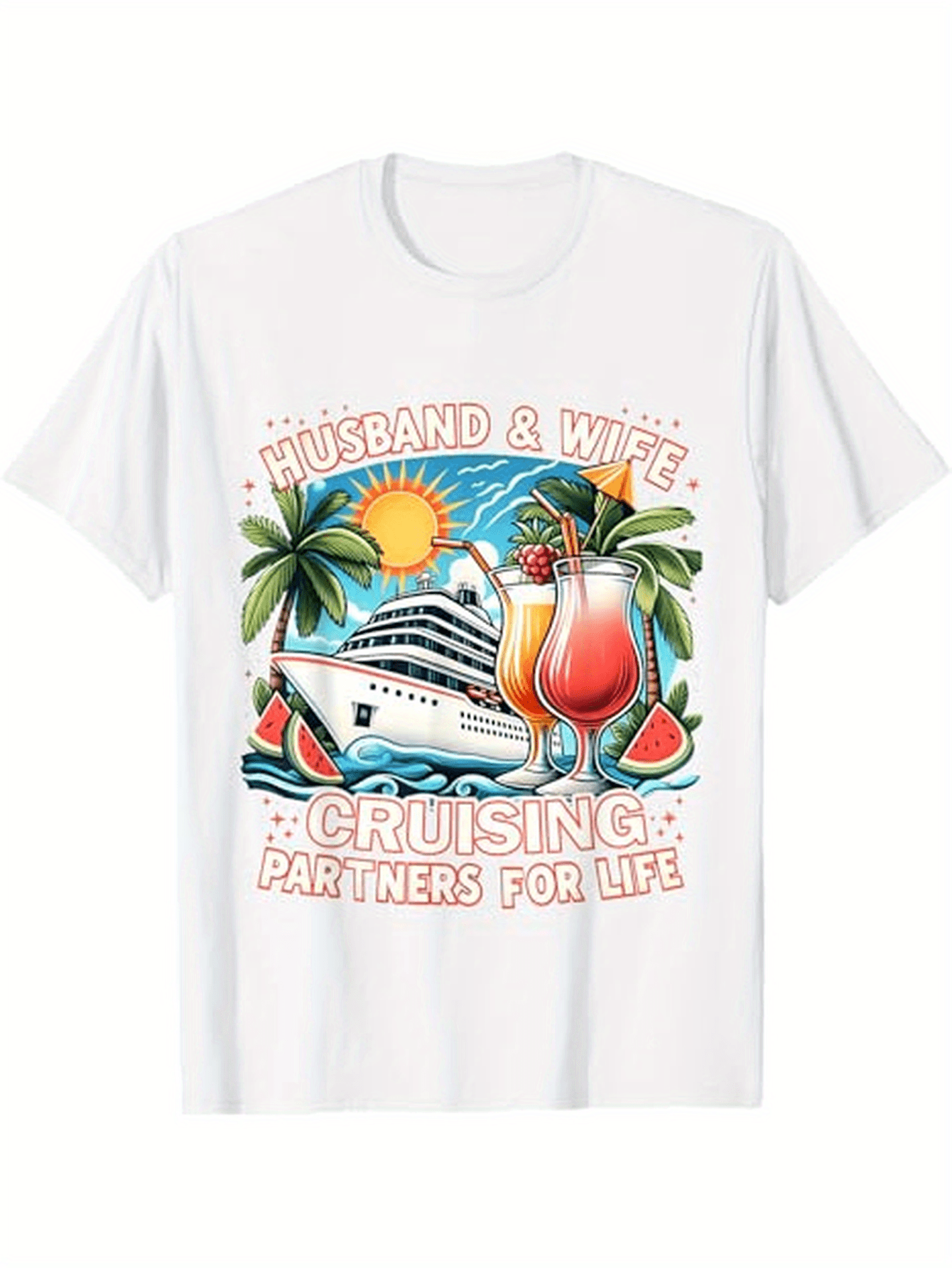 Men's Graphic T-Shirt Husband Wife Tropical Sunset Cruise With Watermelon And Drinks Ship