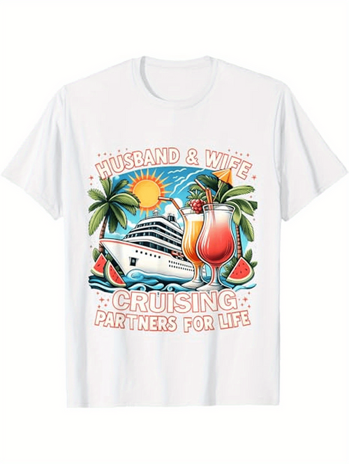 Men's Graphic T-Shirt Husband Wife Tropical Sunset Cruise With Watermelon And Drinks Ship