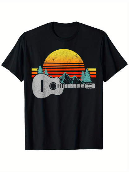 Men's Graphic T-Shirt Retro Sunset With Mountains Pine Trees And Acoustic Guitar
