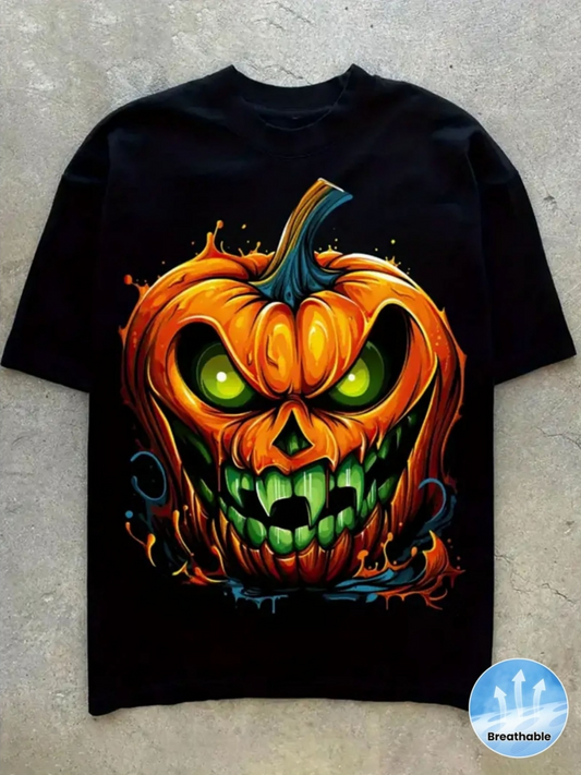 Men's Graphic T-Shirt Glowing Green Flames Erupting Around Menacing Halloween Pumpkin