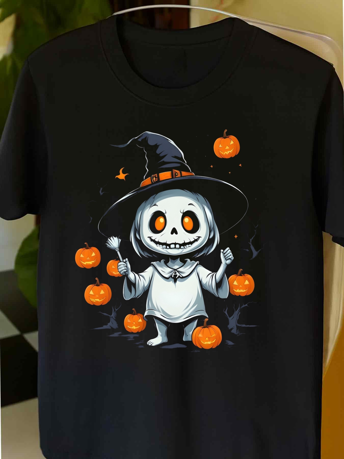 Men's Graphic T-Shirt Whimsical Halloween Cartoon Pumpkins With Cute Skeleton Witch Figure