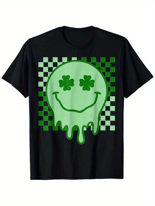 Men's Graphic T-Shirt Melting Shamrock Smile With Vibrant Green Checkered Graphic Face