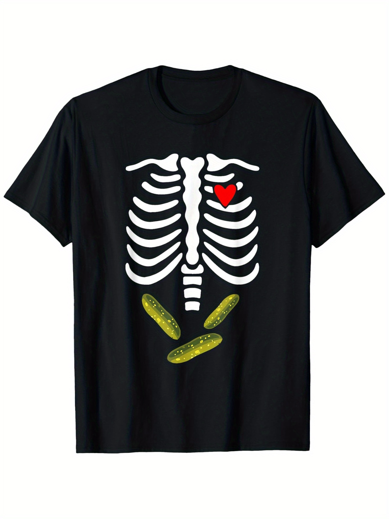 Men's Graphic T-Shirt Playful Skeleton With Small Red Heart And Bright Pickle Bones