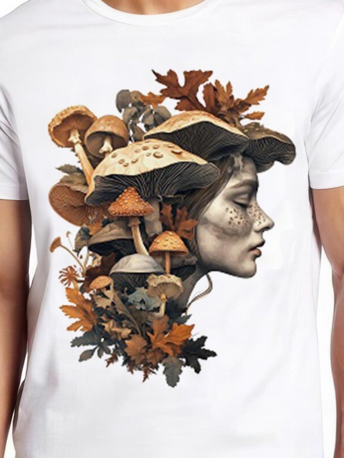 Men's Graphic T-Shirt Autumn Leaves And Forest Mushrooms Surrounding A Stylized Ethereal Woman Portrait