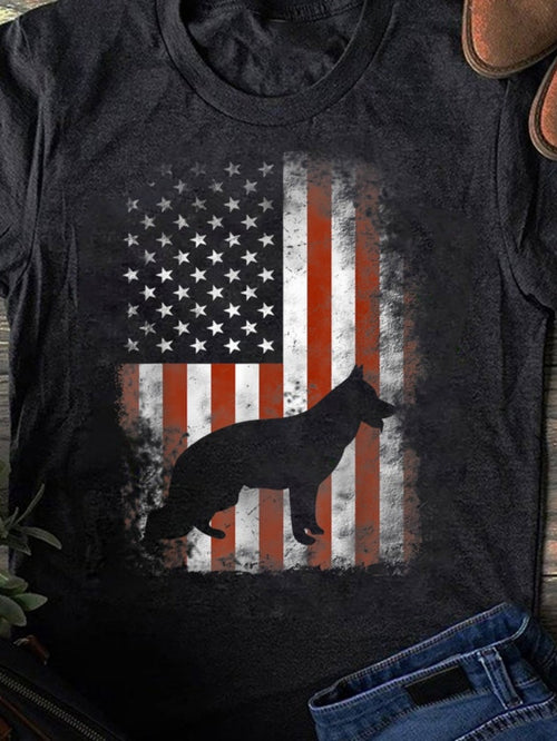 Men's Graphic T-Shirt Vintage American Flag With Weathered Effect And Brave German Shepherd Dog