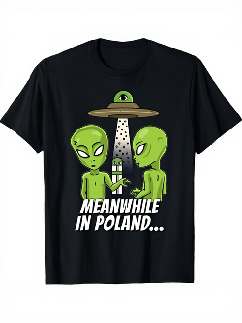 Men's Graphic T-Shirt Meanwhile In Poland Green Aliens Meeting Under Glowing Spaceship Light