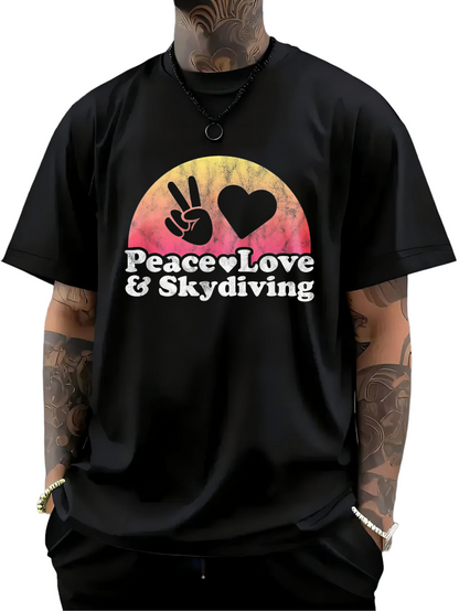 Men's Graphic T-Shirt Peace Love Skydiving Gradient Sunset With Heart And Peace Symbol