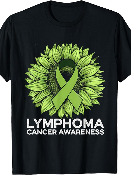 Men's Graphic T-Shirt Lymphoma Cancer Awareness Green Ribbon With Bright Sunflower Petals