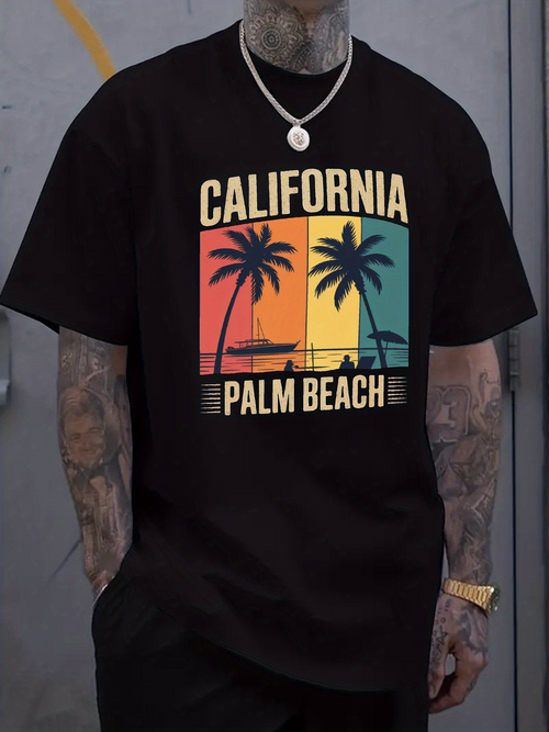 Men's Graphic T-Shirt California Palm Beach Sunset Silhouettes With Palm Trees And Vibrant Colors