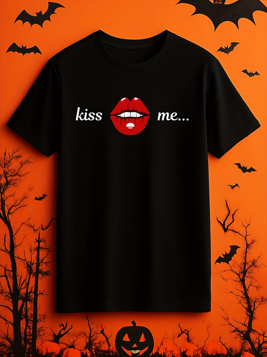 Men's Graphic T-Shirt Kiss Me Bold Red Graphic Lips Under Halloween Shadows
