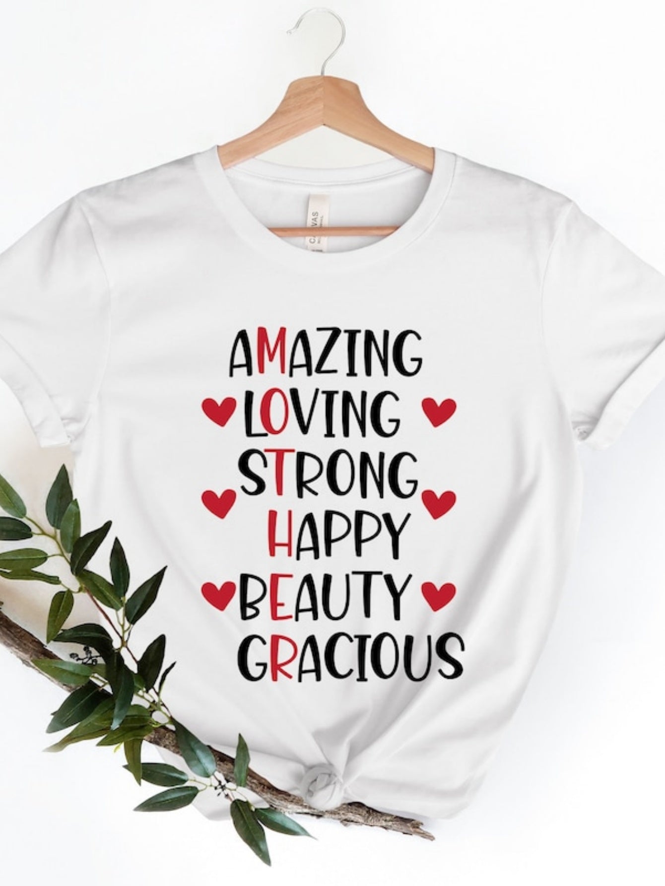 Women's Graphic T-Shirt Amazing Loving Strong Happy Beauty Gracious With Red Heart Accents Mother