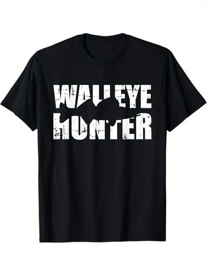 Men's Graphic T-Shirt Walleye Hunter Bold Text With Fish Silhouette Across Black T Shirt