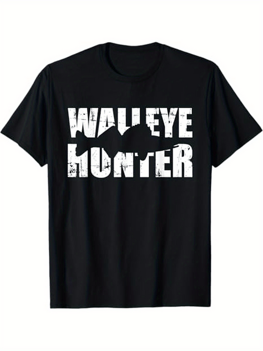 Men's Graphic T-Shirt Walleye Hunter Bold Text With Fish Silhouette Across Black T Shirt