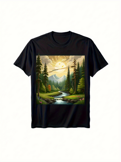 Men's Graphic T-Shirt Glowing Sunlight Over River Flowing In Pine Forest Landscape