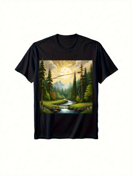 Men's Graphic T-Shirt Glowing Sunlight Over River Flowing In Pine Forest Landscape