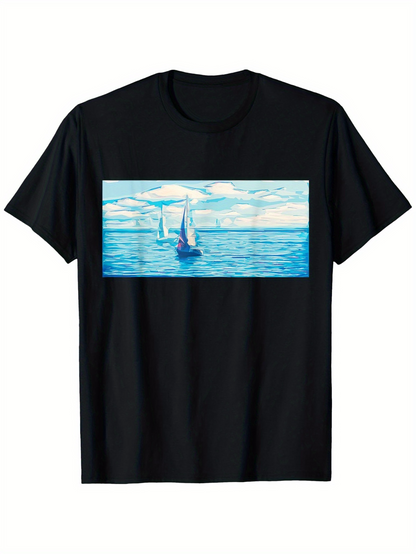 Men's Graphic T-Shirt Blue Water Reflections With Calm Horizon Surrounding Sailing Boats And Gentle Ocean