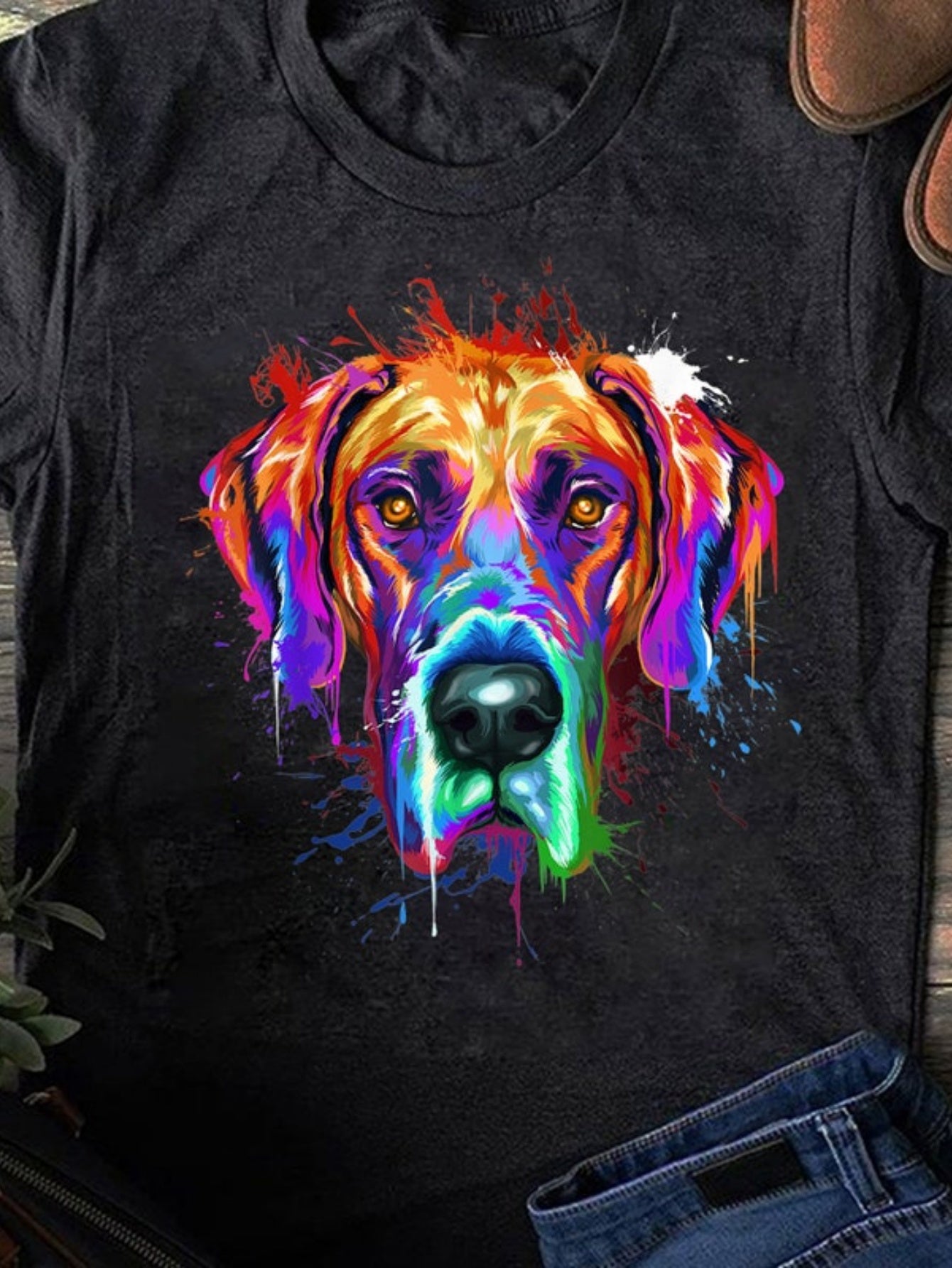 Men's Graphic T-Shirt Vivid Neon Watercolor Paint Splash On Dog