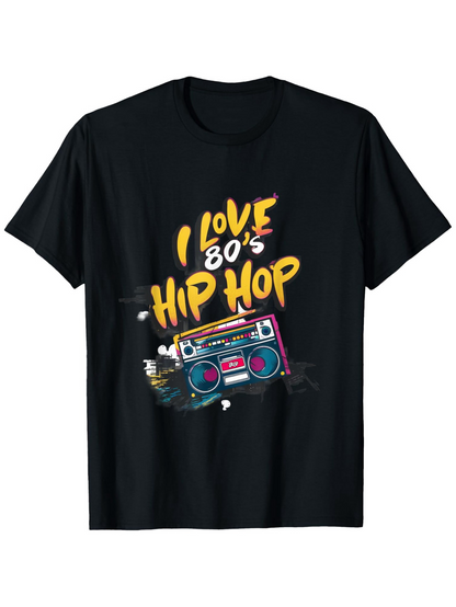 Men's Graphic T-Shirt I Love 80s Hip Hop Colorful Neon Boombox Graffiti Spray Music Theme Design