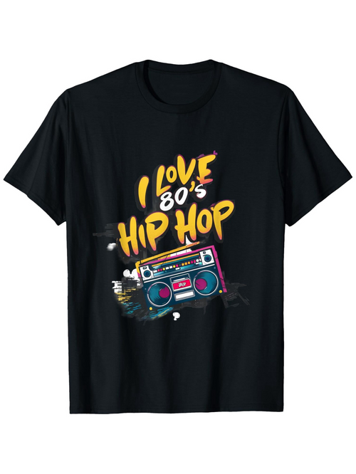Men's Graphic T-Shirt I Love 80s Hip Hop Colorful Neon Boombox Graffiti Spray Music Theme Design